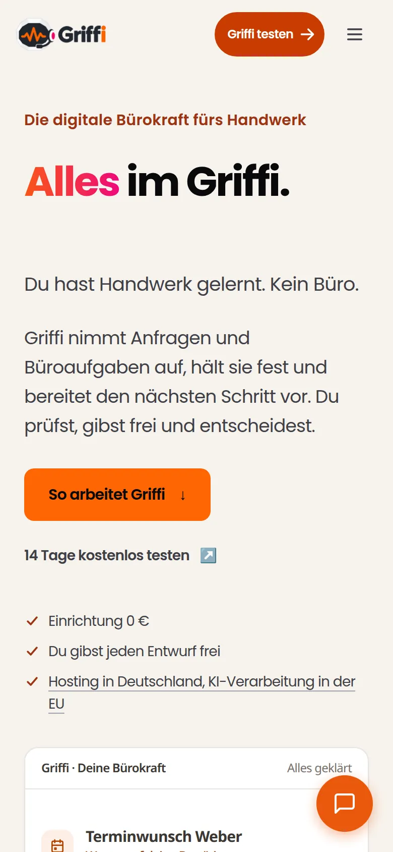 griffi.ai ana sayfasının telefondaki hâli.