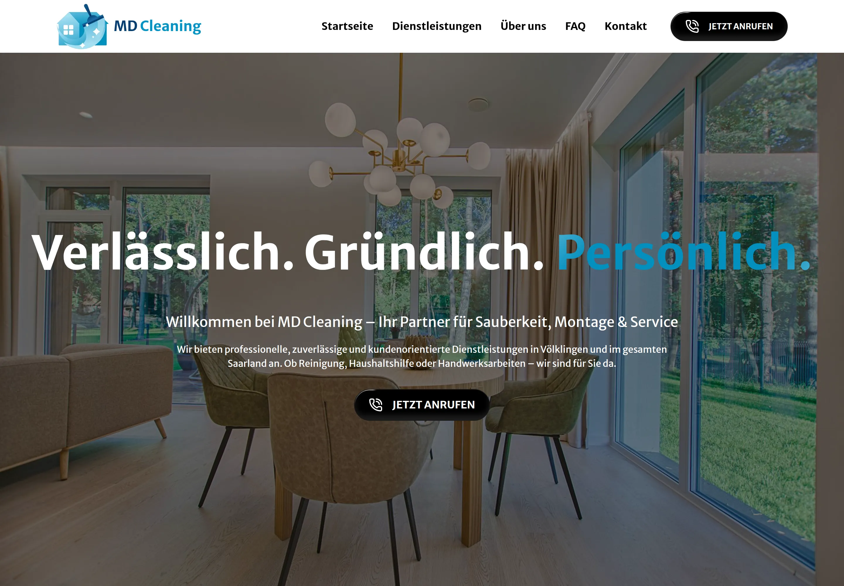 mdcleaning-saar.de ana sayfası masaüstünde: “Verlässlich. Gründlich. Persönlich.” başlığı, Völklingen ve tüm Saarland’da temizlik, montaj ve hizmet.