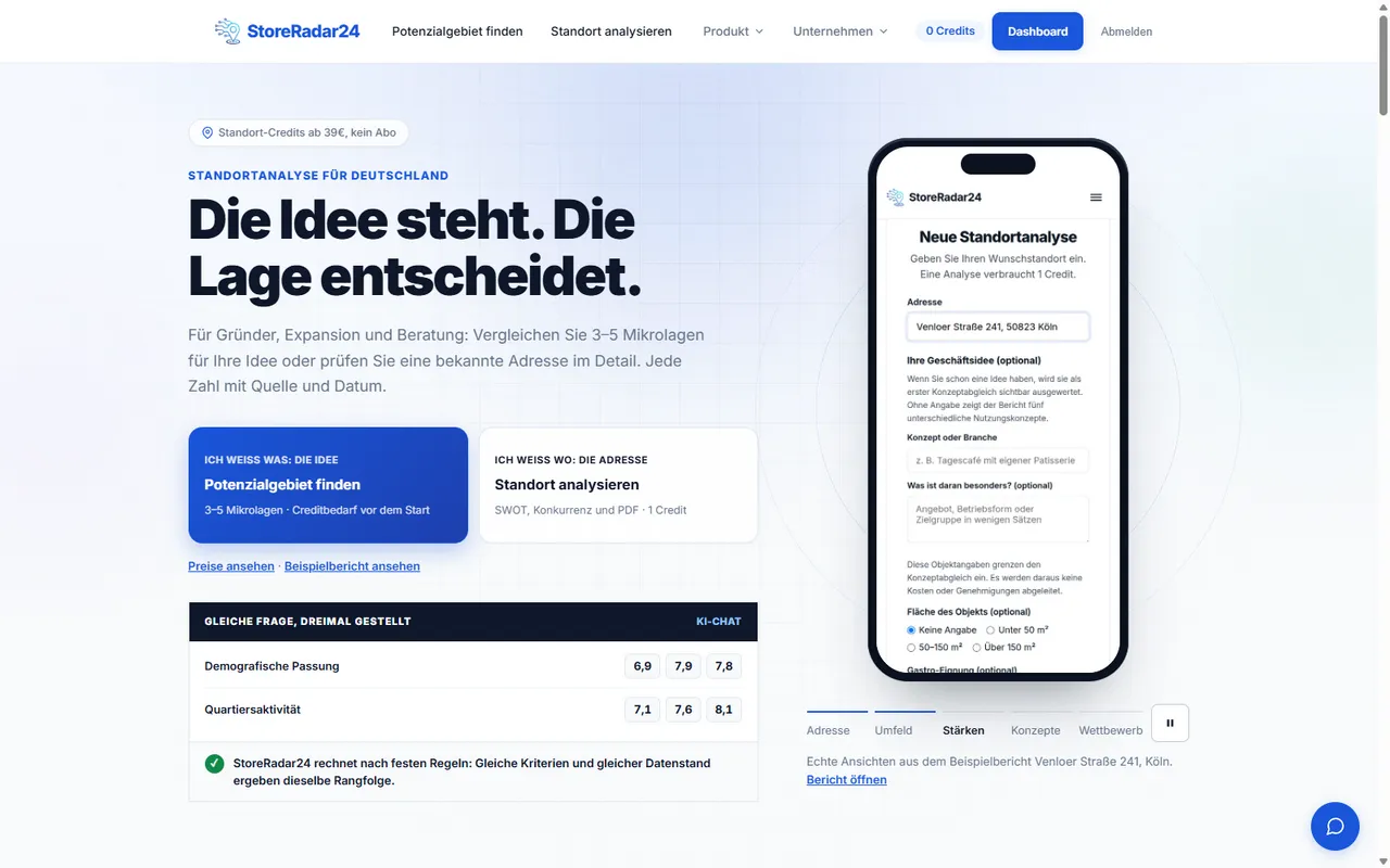 storeradar24.de ana sayfası: “Die Idee steht. Die Lage entscheidet.” başlığı, potansiyel bölge bulma ve konum analizi girişleri.