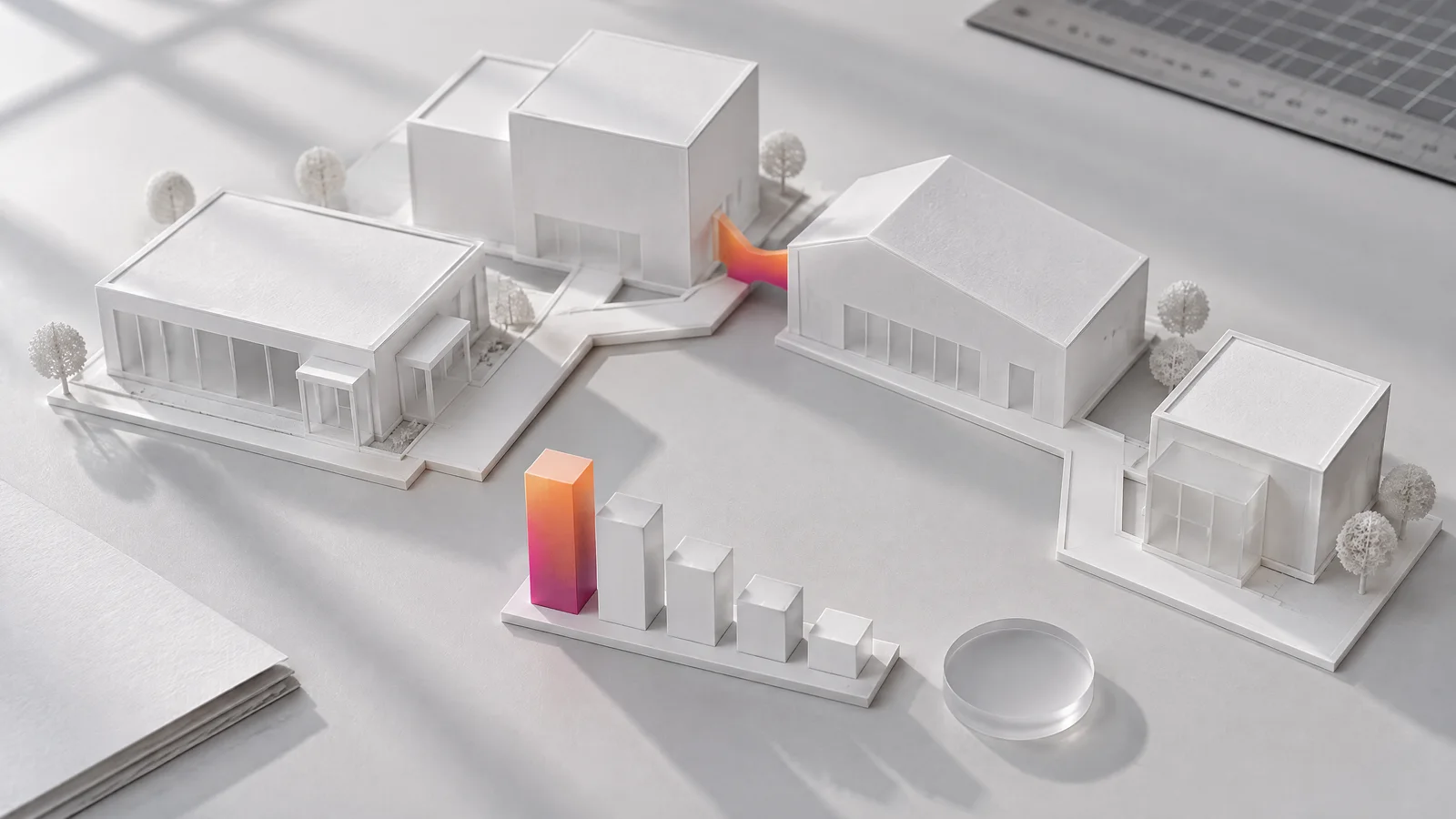 Weißes Architekturmodell eines Betriebs mit orange-magenta markierter Engstelle im Wegenetz, davor gestapelte Kartonblöcke als Budget.