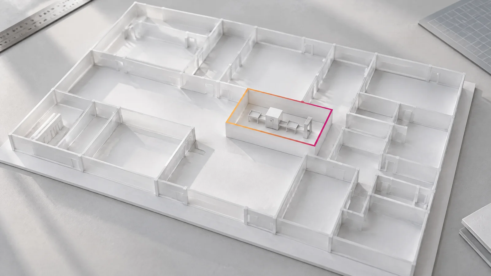 Weißer Grundriss eines Unternehmens mit vielen leeren Räumen; nur ein kleiner Pilotraum mit Prüftor ist ausgebaut und orange-magenta umrandet.