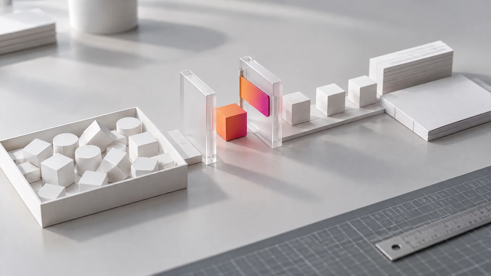 Weißes Modell: lose Würfel vor einem Acryltor, dahinter geordnete Reihe und Regelheft; ein Würfel passiert das orange-magenta Tor