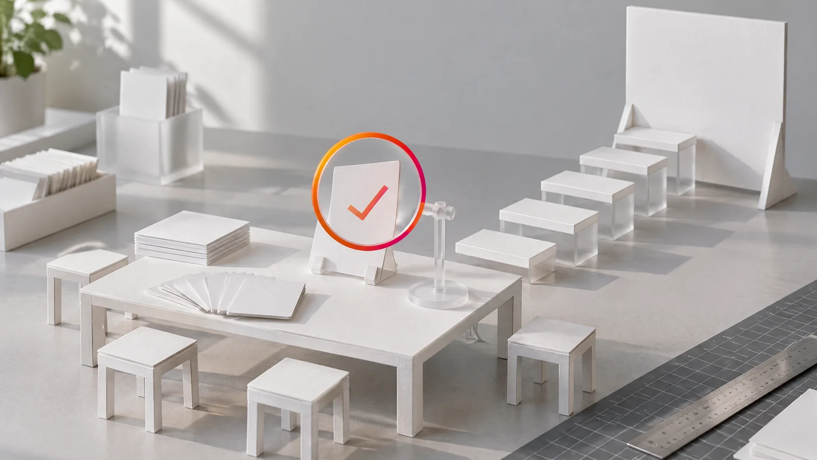 Weißes Modell eines Schulungsraums mit Übungskarten, fünf Stufen und leerer Tafel; eine Karte wird unter einer orange-magenta Lupe geprüft.