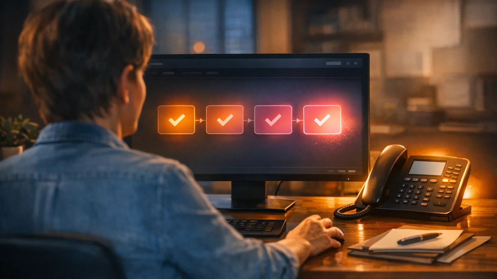 Betriebsinhaber richtet am Laptop einen KI-Telefonassistenten ein; ein Dashboard zeigt Begrüßung, Wissensspeicher und Rufumleitung