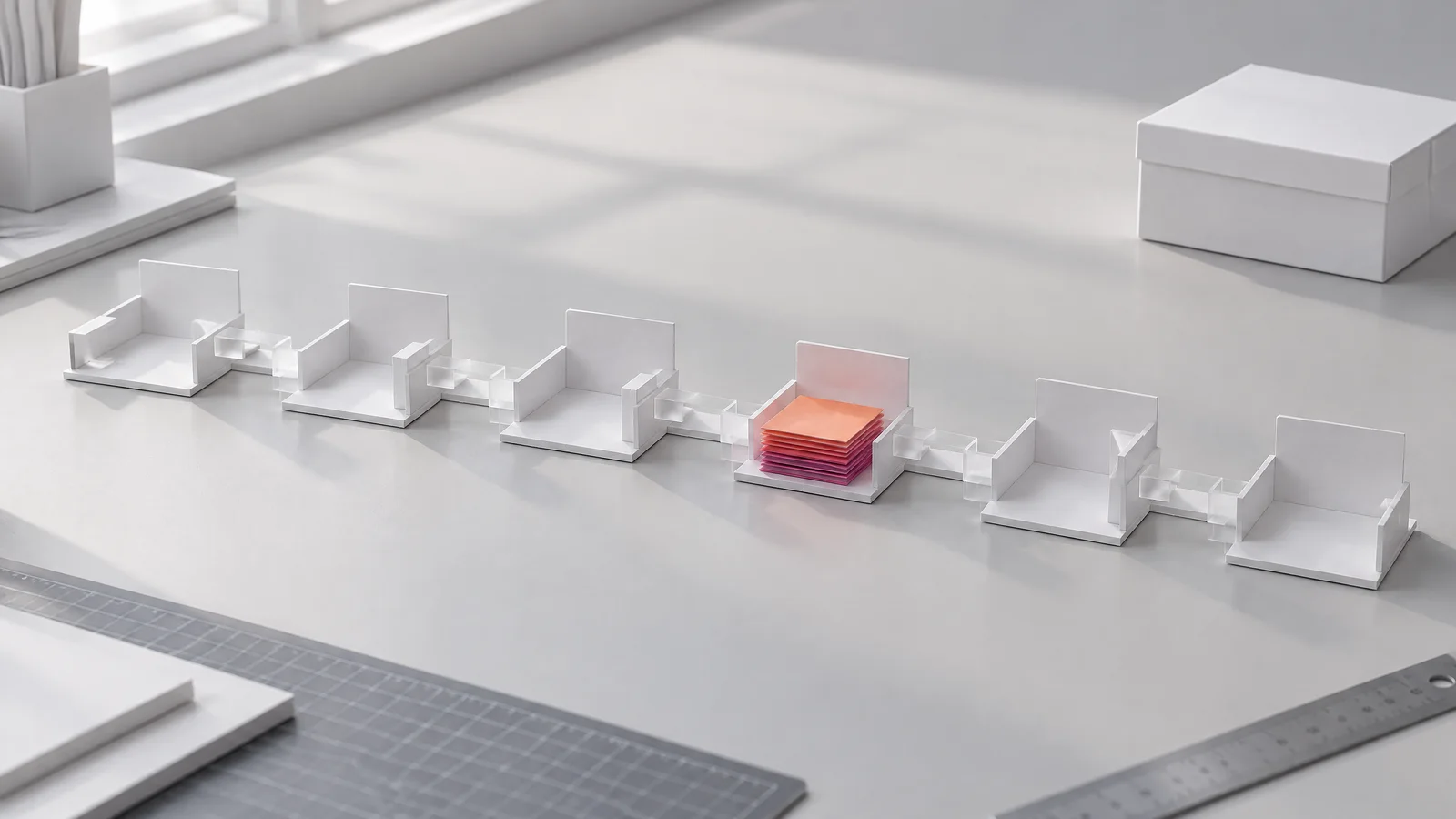 Weißes Prozessmodell aus Karton mit sechs Stationen; vor einer staut sich ein orange-magenta markierter Papierstapel, die Softwareschachtel bleibt zu.