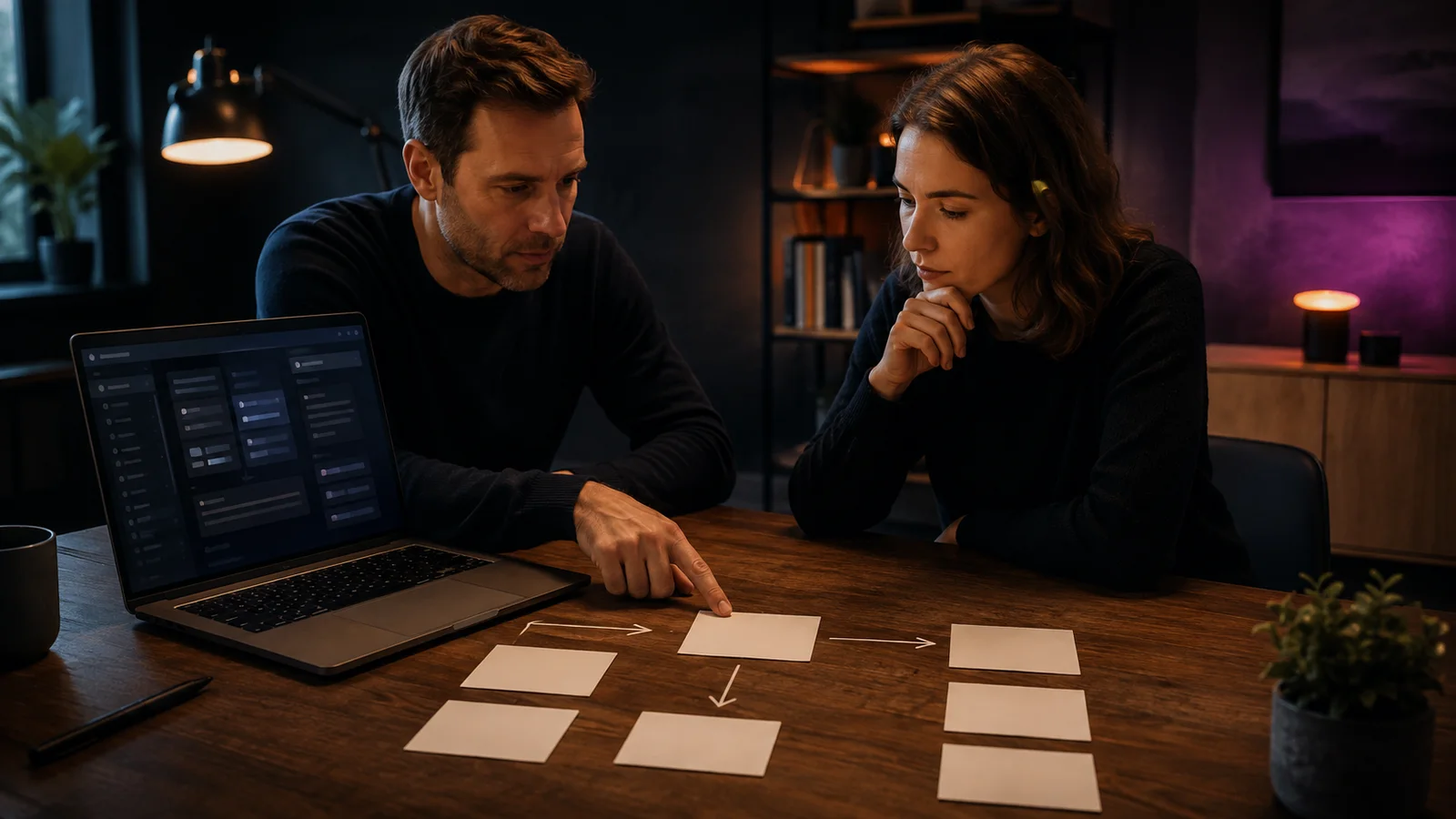 Illustrative Büroszene: Zwei Personen ordnen einen Arbeitsablauf mit Karten und einem Laptop.