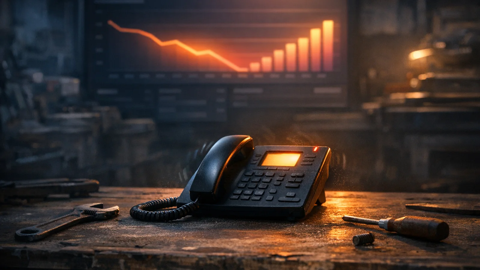 Blog-Titelbild: klingelndes Telefon auf einer leeren Werkbank, im Hintergrund ein Dashboard mit einer aufsteigenden Umsatzkurve