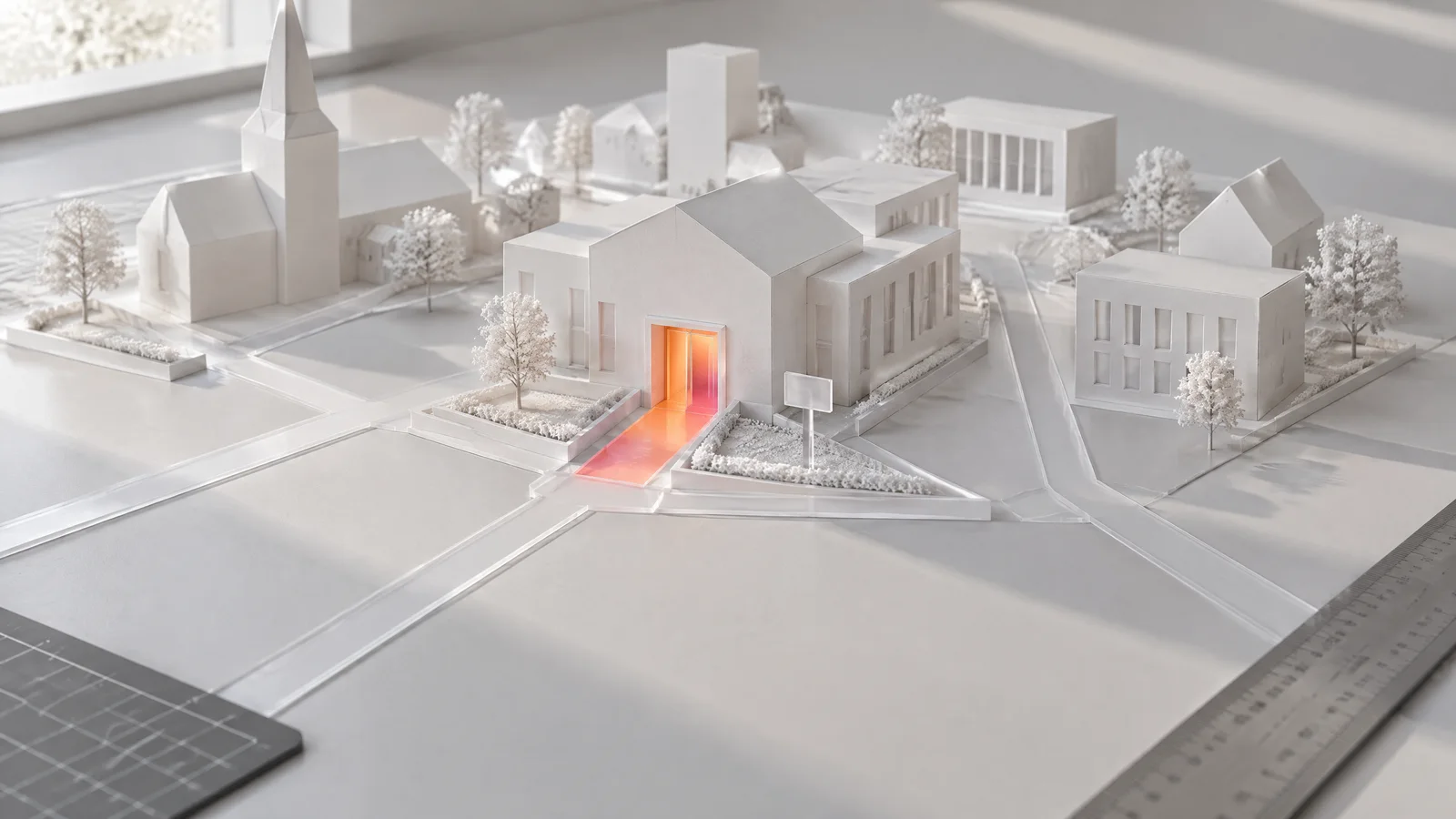 Weißes Stadtmodell aus Karton, in dem Wege auf ein zentrales Gebäude zulaufen; dessen offene Tür und Zugangsweg sind orange-magenta hervorgehoben.