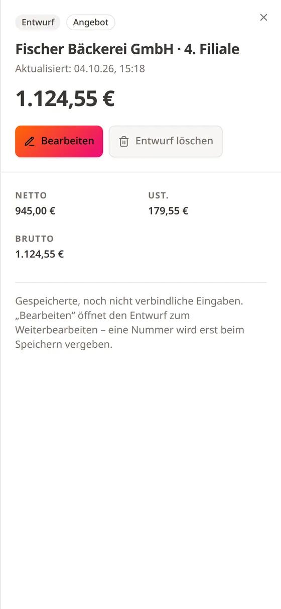 Griffi Zentrale op een telefoon, Duitse interface: een offerteconcept voor Fischer Bäckerei GmbH, 4e filiaal, van 1.124,55 euro bruto, met de knoppen “Bearbeiten” (bewerken) en “Entwurf löschen” (concept verwijderen)