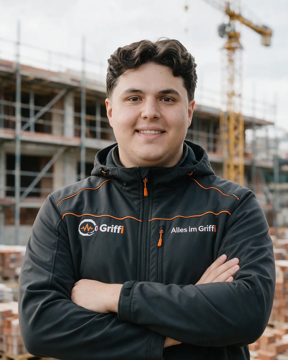 Tarik Ermis, oprichter van n3tz, in de Griffi-jas op een bouwplaats (bewerkte afbeelding)